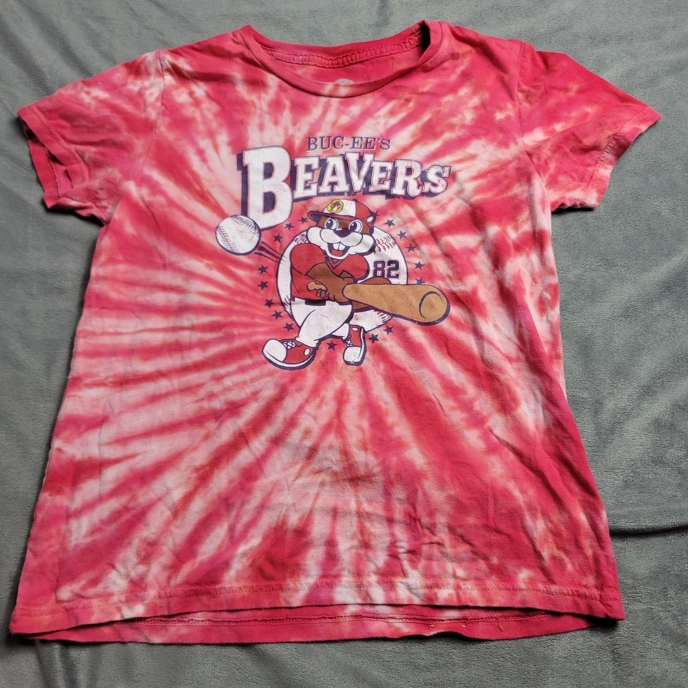 Buc-Ees Beavers Youth Tie-Dye T-Shirt Red & White Graphic Baseball Theme YM